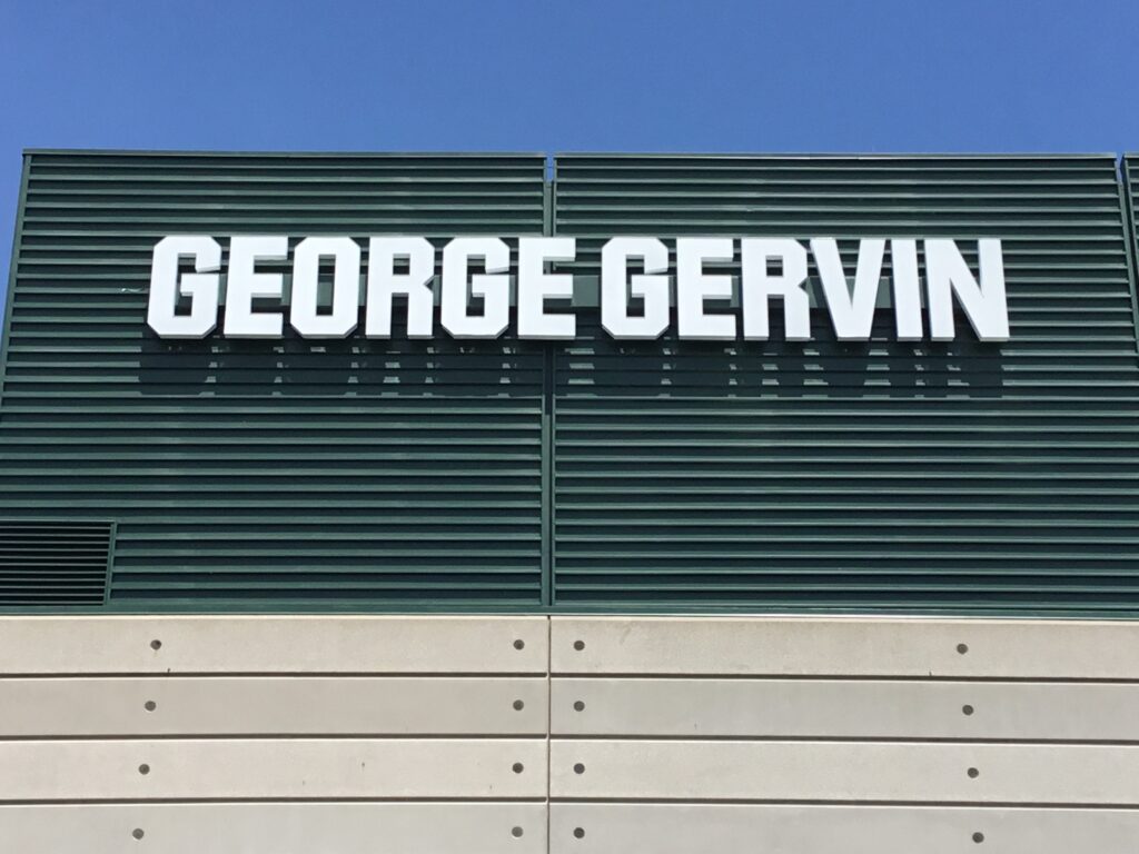 Previous signage that says "George Gavin" closeup