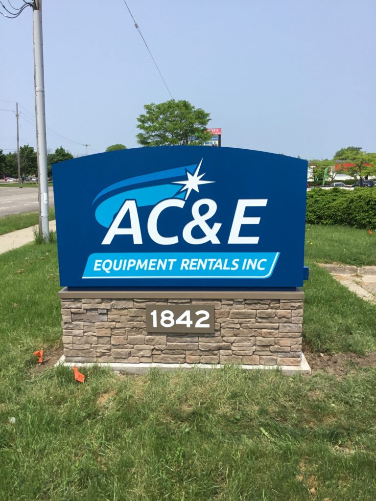 AC&E Equipment Rentals monument sign in Okemos, MI
