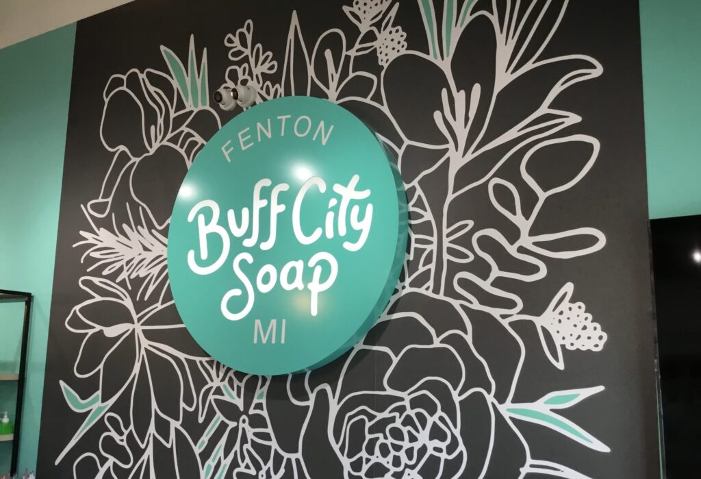 Buff City Soap interior sign in Fenton, MI