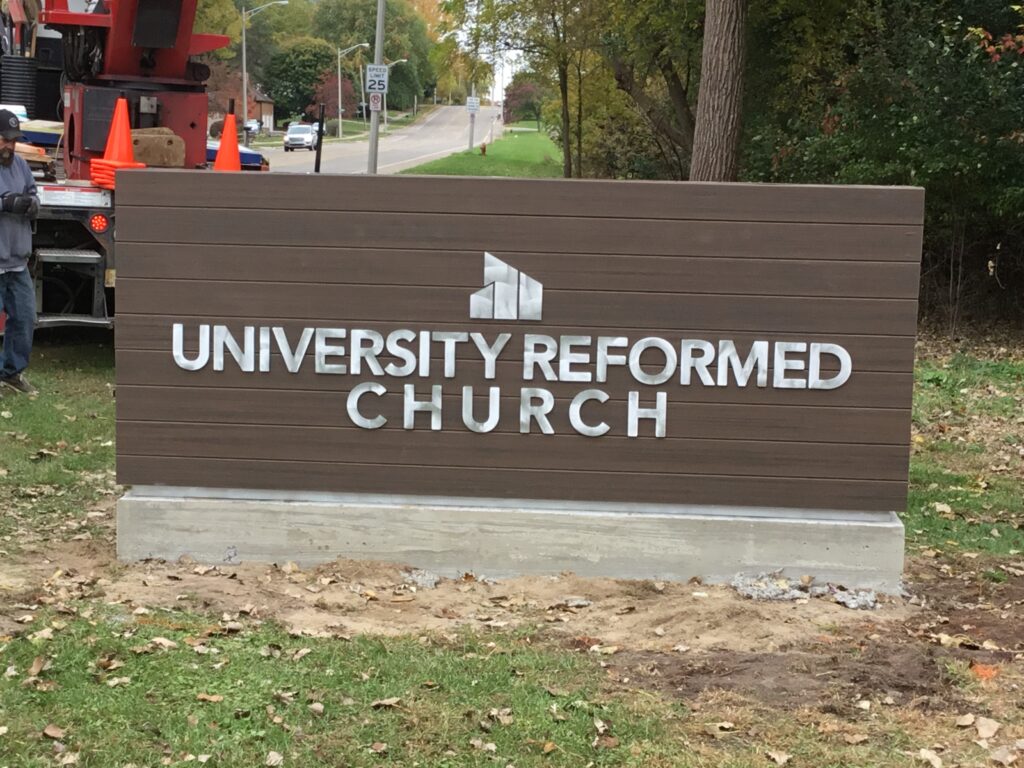 University Reformed Church monument sign in East Lansing, MI