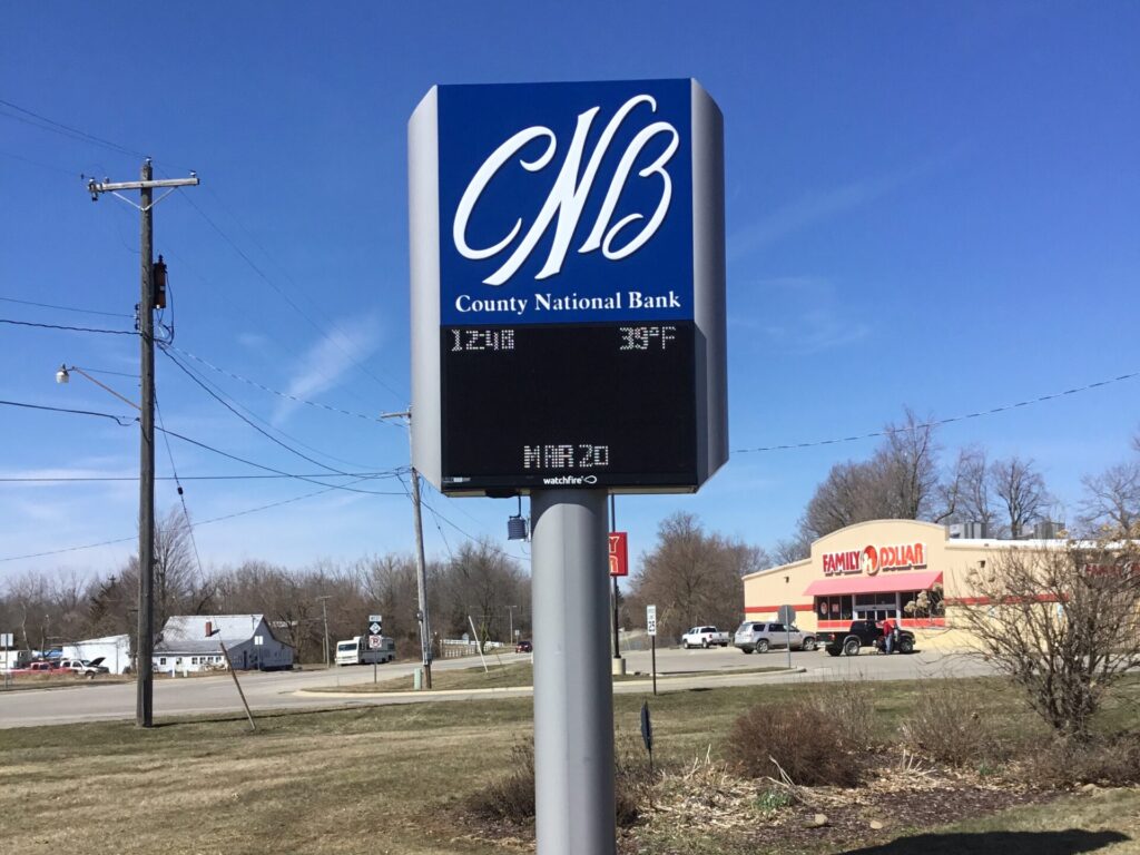 County National Bank pylon sign with electronic message center in Pittsford, MI
